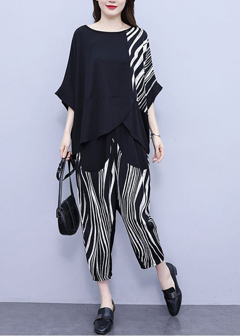 Stylish Black Asymmetrical Patchwork Striped Cotton Two Pieces Set Batwing Sleeve