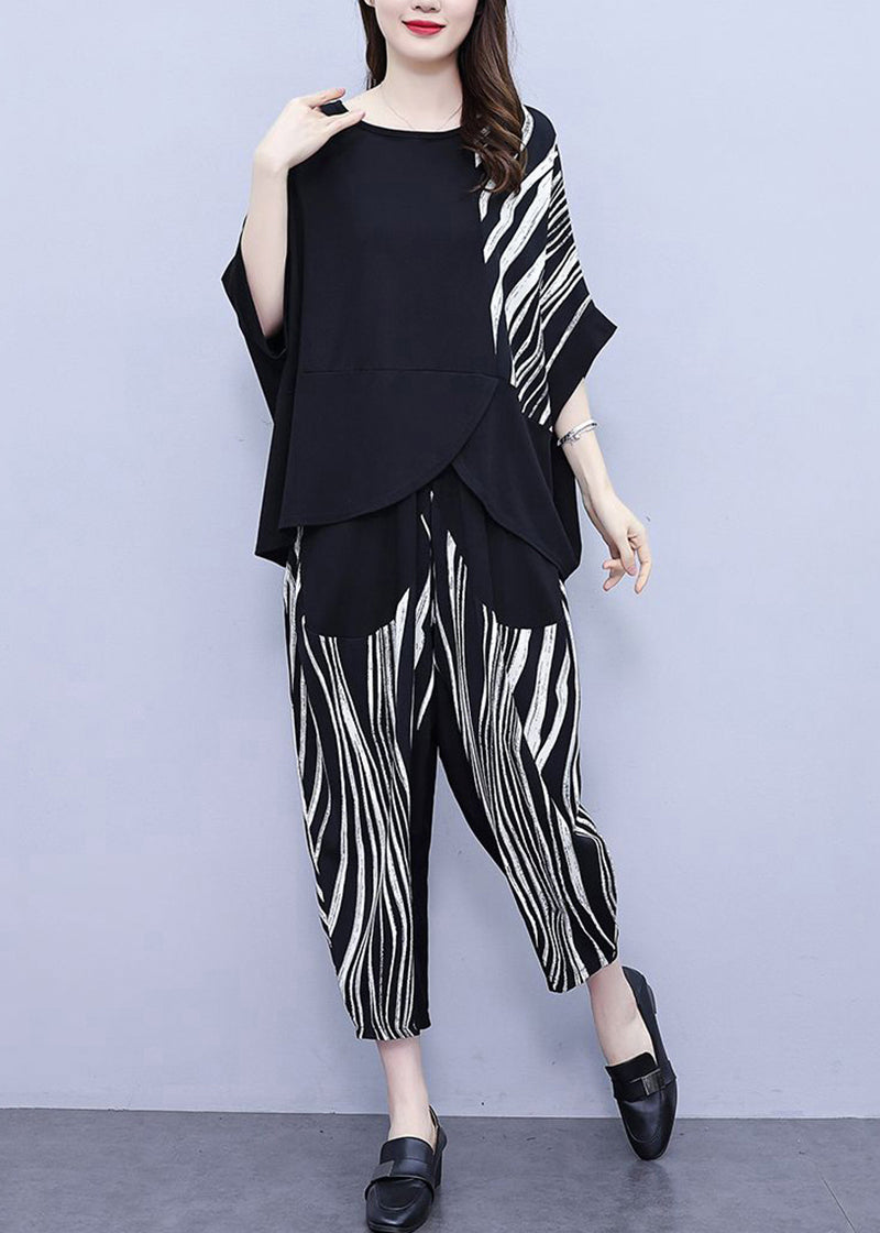Stylish Black Asymmetrical Patchwork Striped Cotton Two Pieces Set Batwing Sleeve