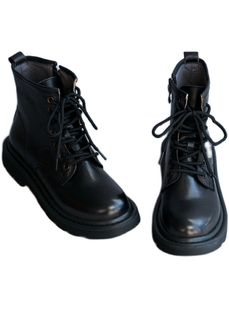 Stylish Black Cowhide Leather Boots Cross Strap Ankle Boots
