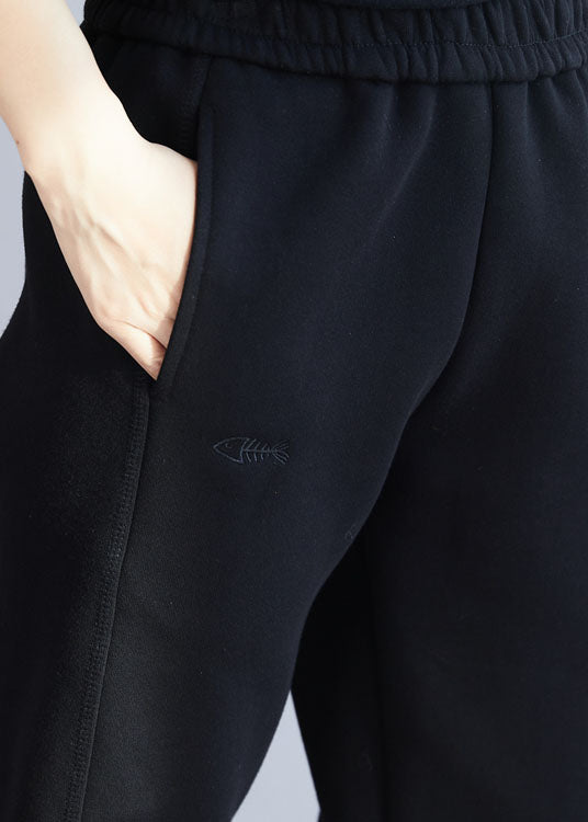 Stylish Black Elastic Waist Fish Embroideried Warm Fleece Beam Pants Winter