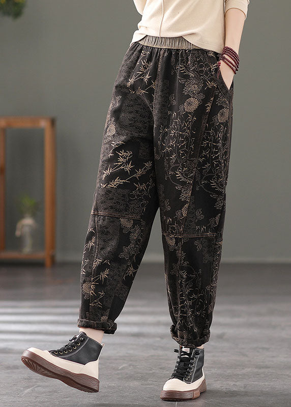 Stylish Black Elastic Waist Print Warm Fleece Pants Winter