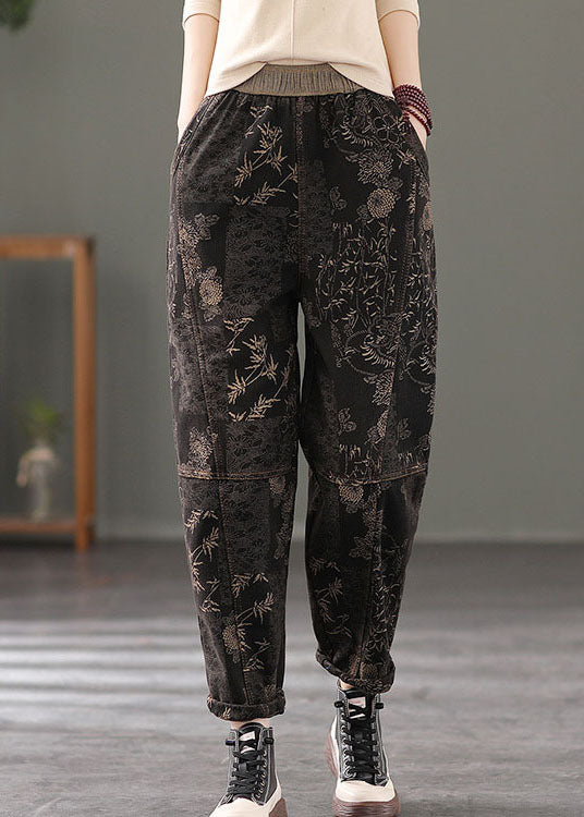 Stylish Black Elastic Waist Print Warm Fleece Pants Winter