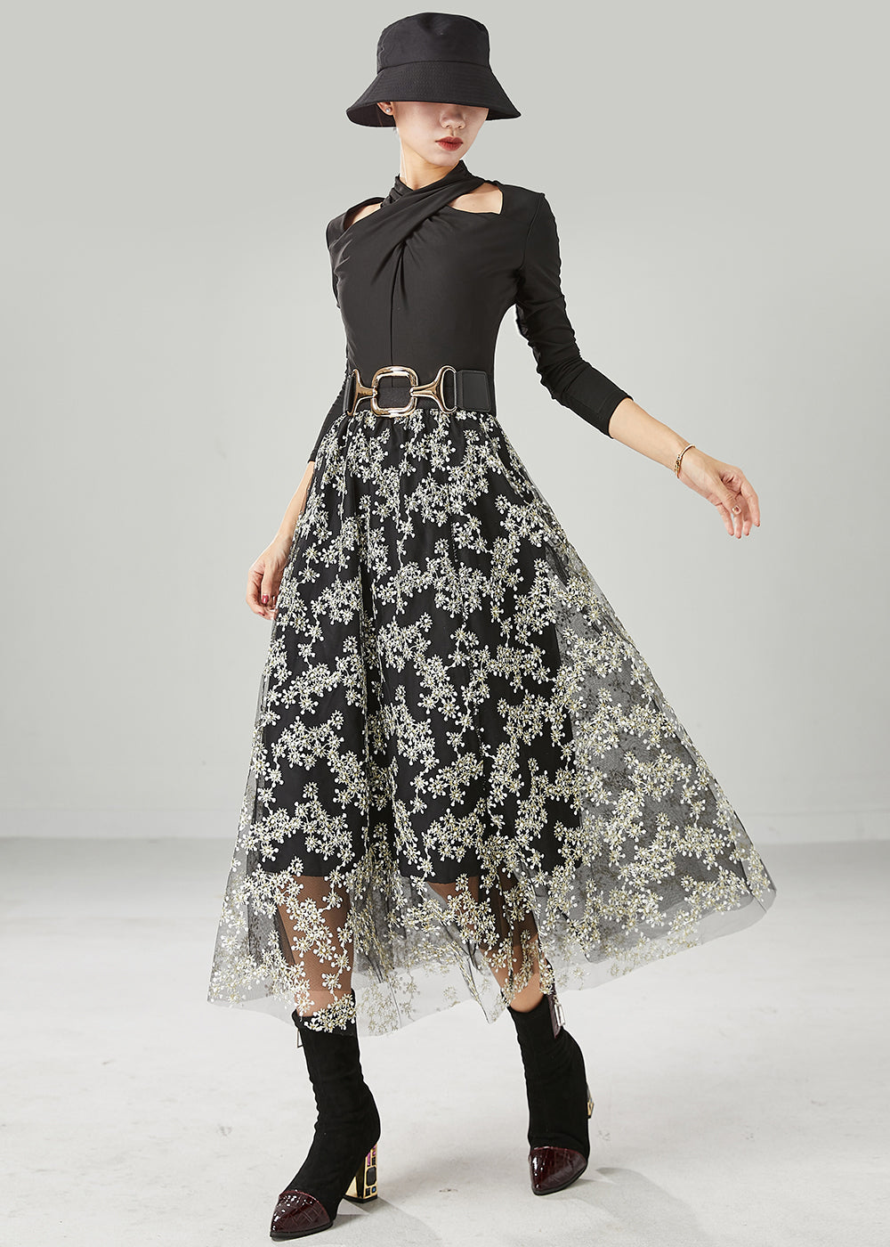 Stylish Black Embroideried Tulle Skirt Summer