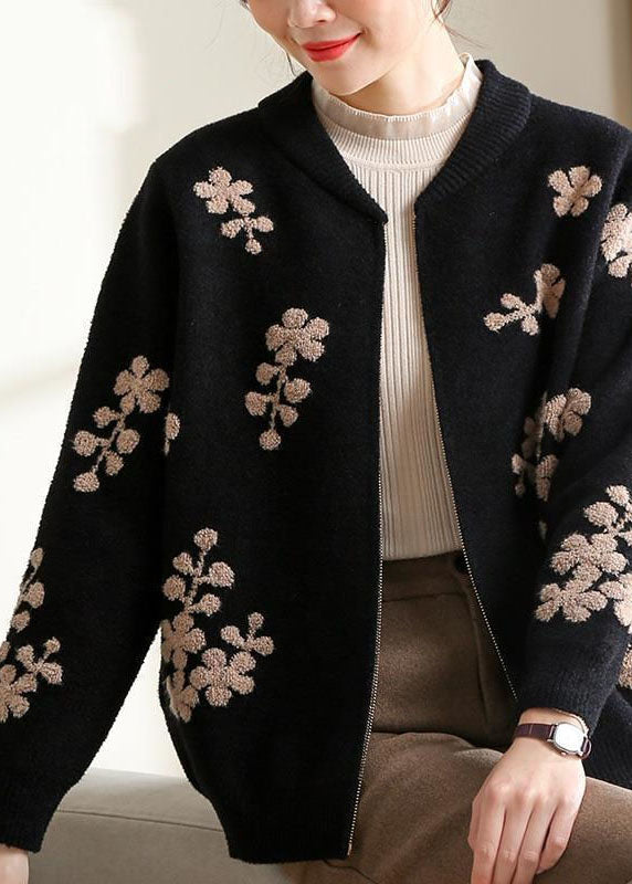 Stylish Black O-Neck Embroideried Teddy Knitted Coat Long Sleeve