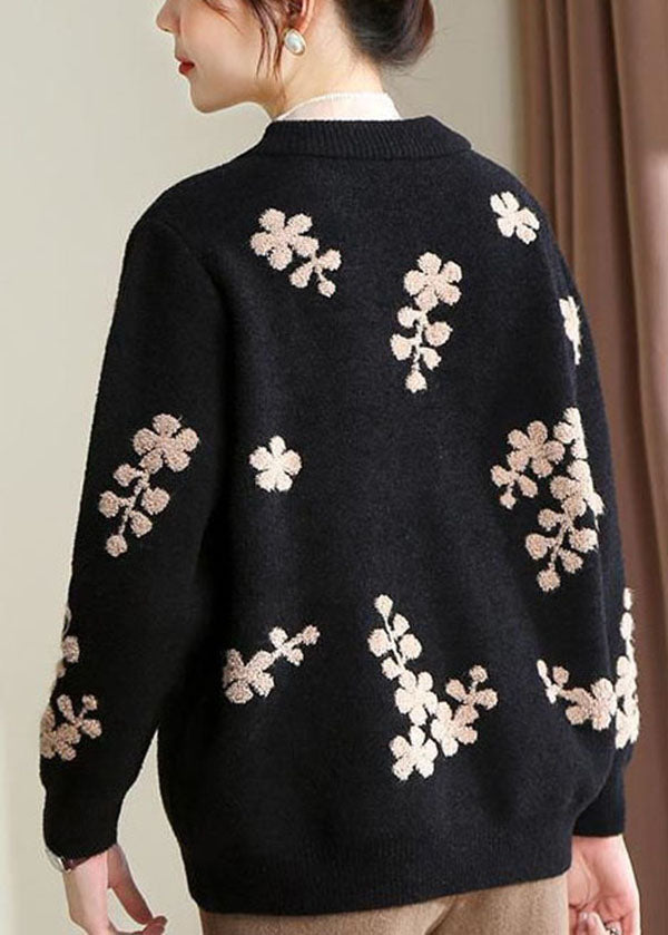 Stylish Black O-Neck Embroideried Teddy Knitted Coat Long Sleeve