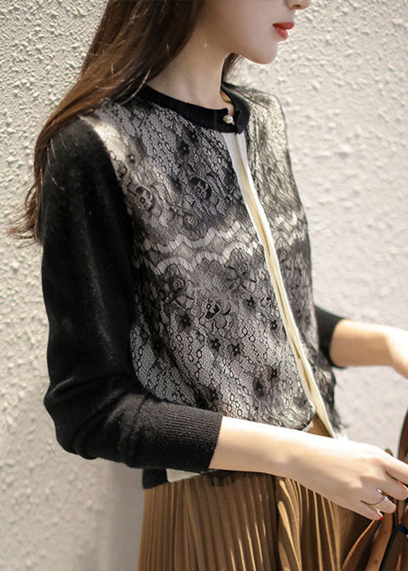 Stylish Black O-Neck Lace Patchwork Knit Cardigans Spring