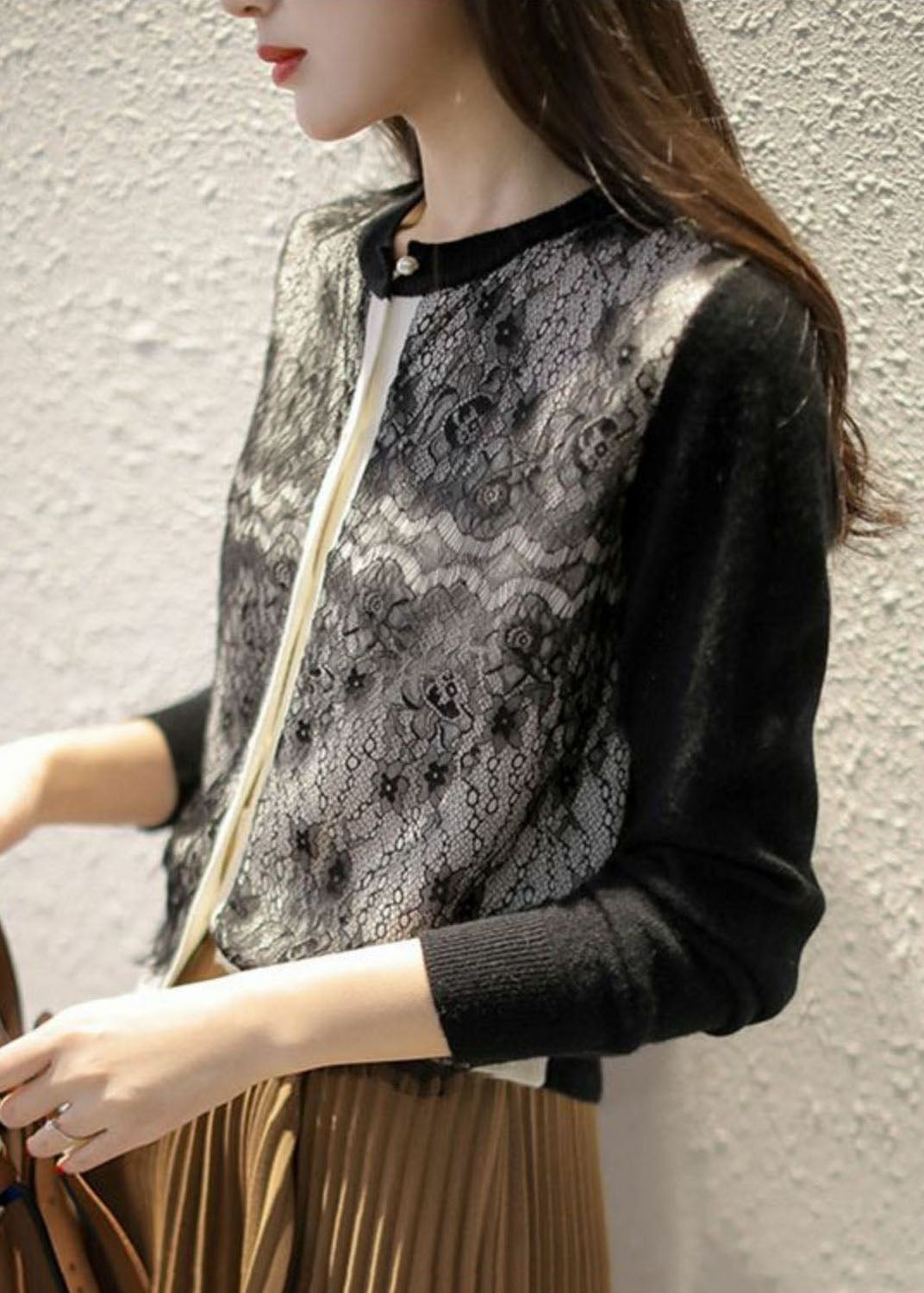 Stylish Black O-Neck Lace Patchwork Knit Cardigans Spring