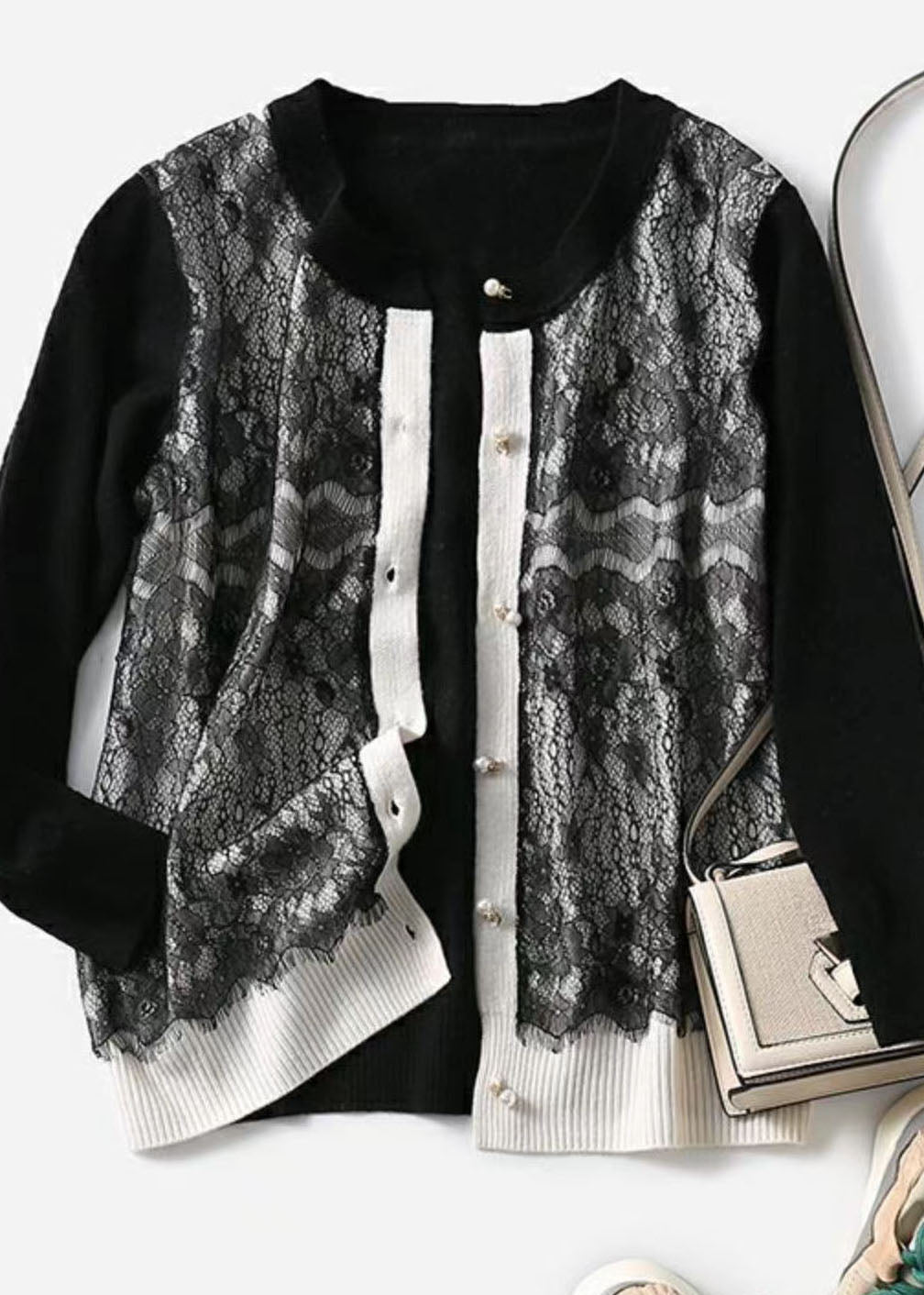 Stylish Black O-Neck Lace Patchwork Knit Cardigans Spring