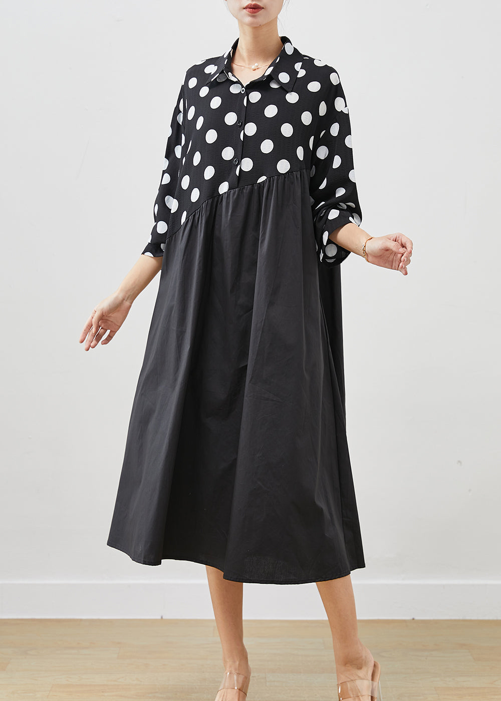 Stylish Black Oversized Patchwork Cotton Shirt Dress Spring