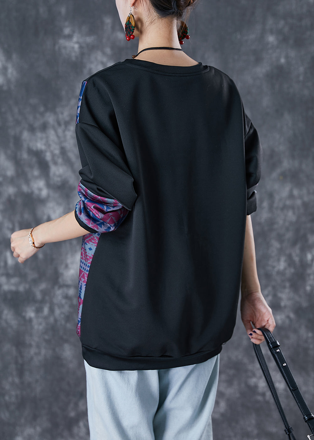 Stylish Black Oversized Patchwork Cotton Sweatshirt Streetwear Fall