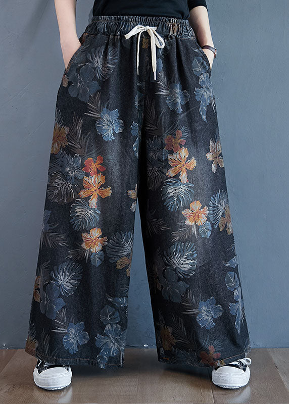 Stylish Black Oversized Print Cotton Denim Straight Pants