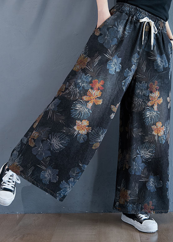 Stylish Black Oversized Print Cotton Denim Straight Pants