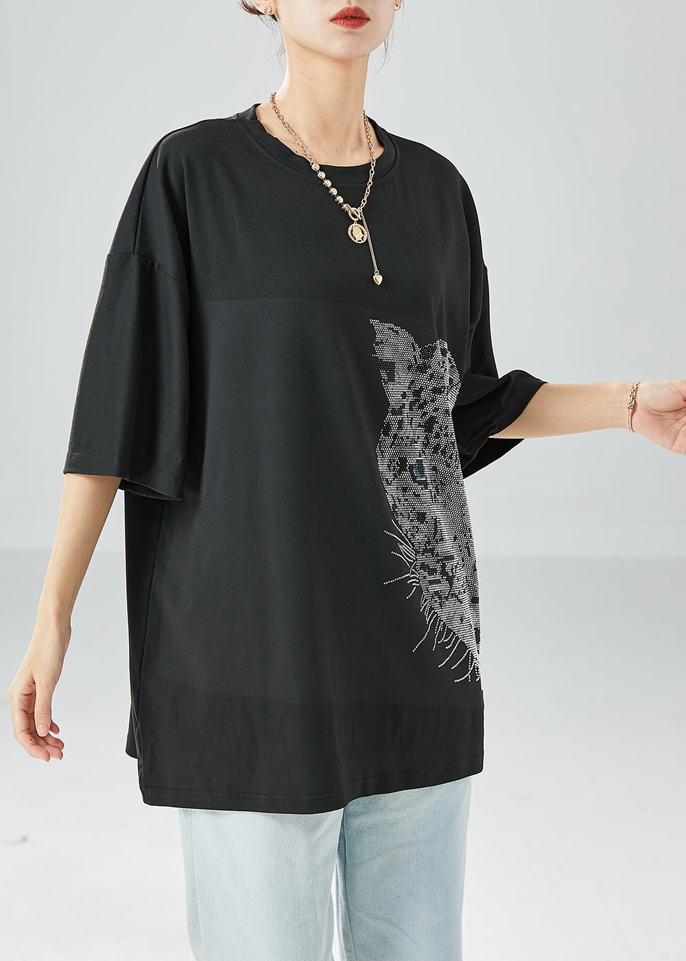 Stylish Black Oversized Zircon Cotton Tank Summer