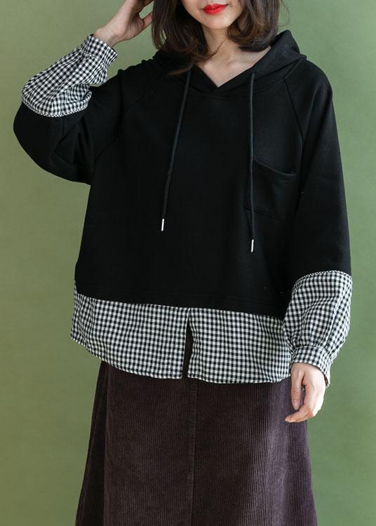 Stylish Black Patchwork Plaid Pockets Fall Loose Pullover Street Wear - Omychic