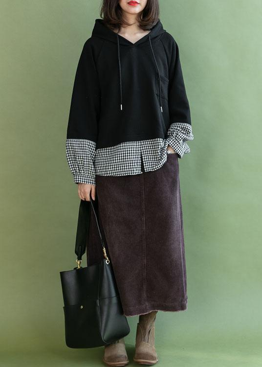 Stylish Black Patchwork Plaid Pockets Fall Loose Pullover Street Wear - Omychic