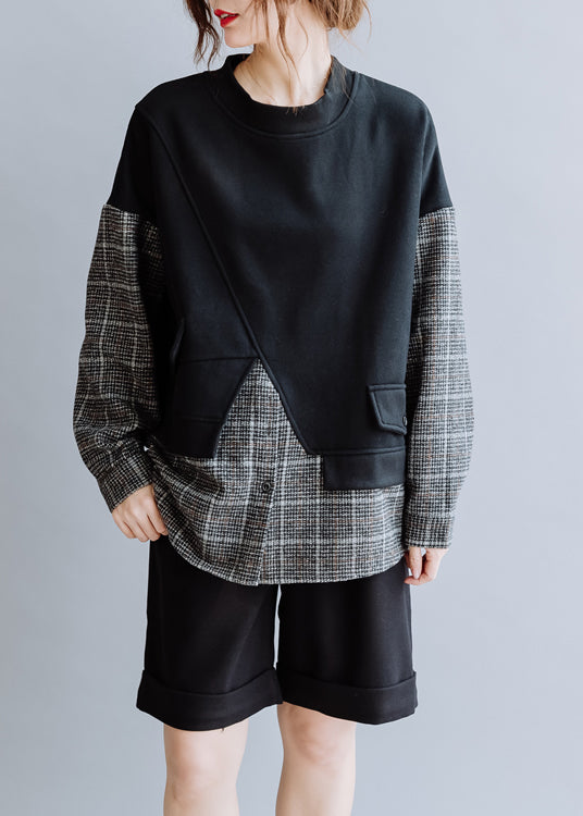 Stylish Black Patchwork Plaid Warm Fleece Sweatshirts Top Spring