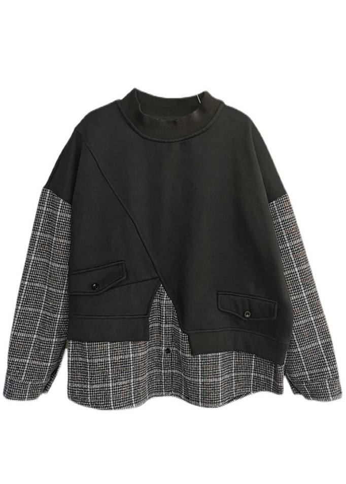 Stylish Black Patchwork Plaid Warm Fleece Sweatshirts Top Spring