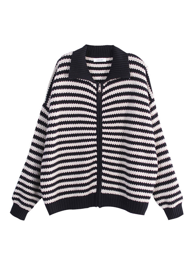 Stylish Black Peter Pan Collar Zippered Striped Knit Sweaters Coats Long Sleeve