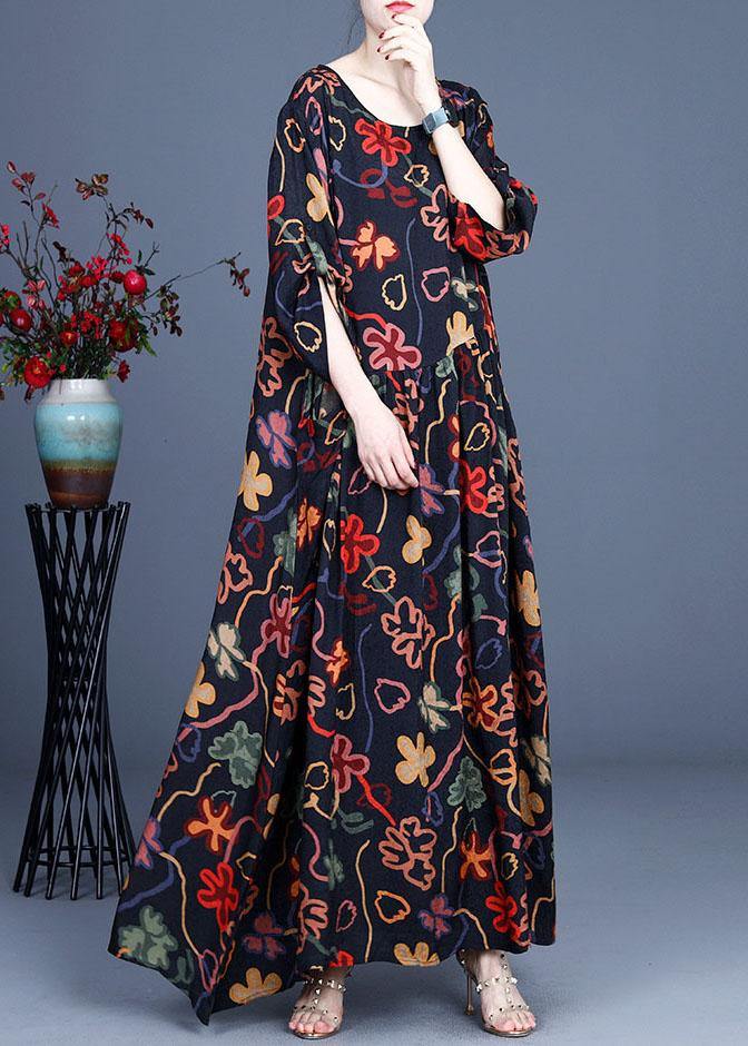 Stylish Black Print O-Neck Asymmetrical Design Summer Chiffon Cute Ankle Dress - Omychic