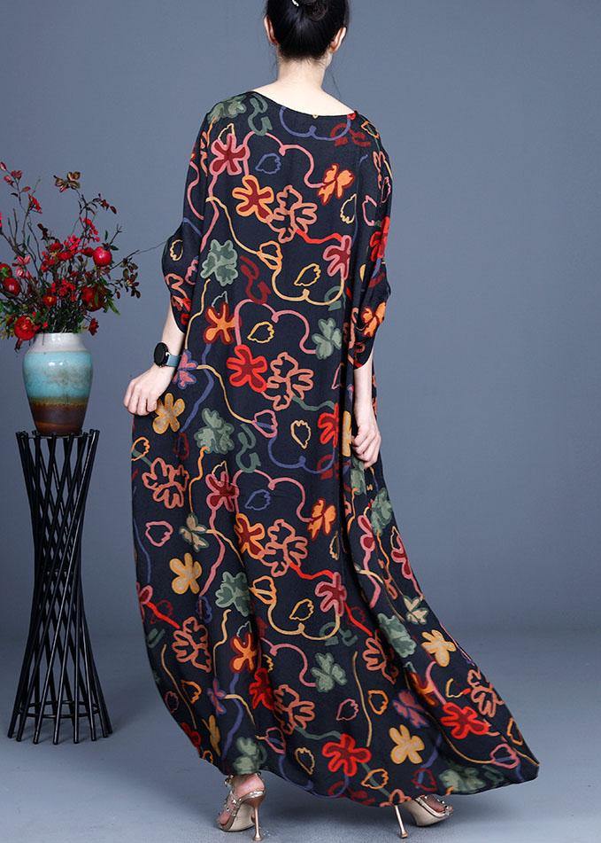 Stylish Black Print O-Neck Asymmetrical Design Summer Chiffon Cute Ankle Dress - Omychic