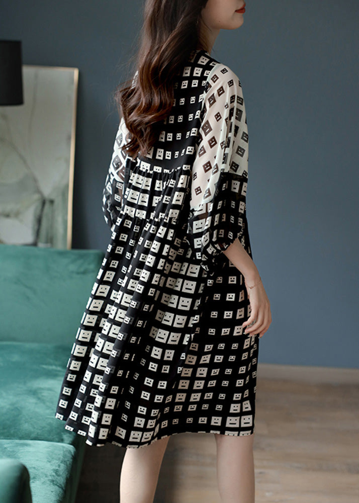 Stylish Black Print Tie Waist Silk Vacation Long Dresses Lantern Sleeve