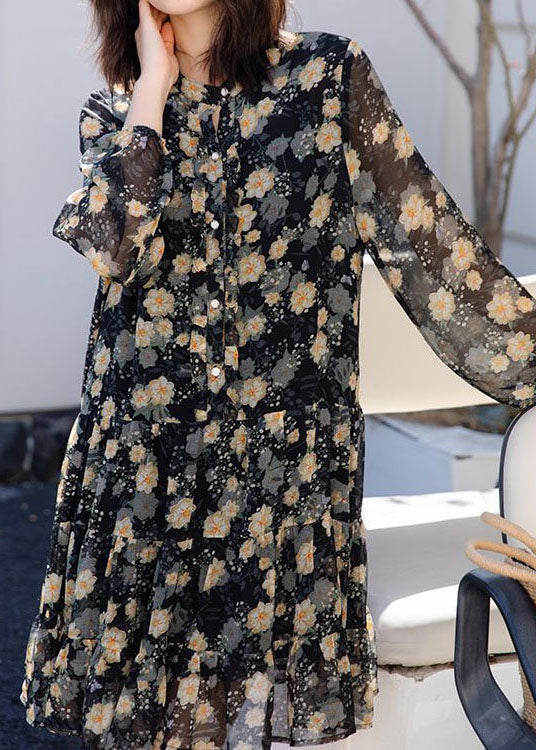 Stylish Black Ruffled Button Print Patchwork Chiffon Dresses Spring