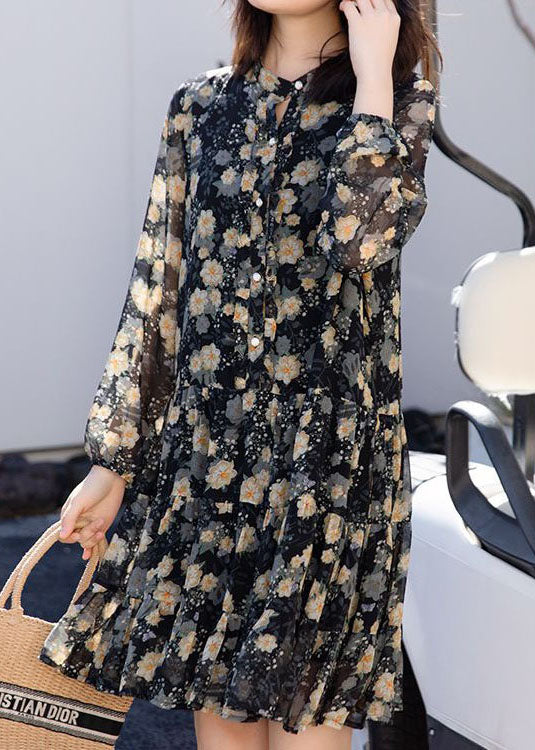 Stylish Black Ruffled Button Print Patchwork Chiffon Dresses Spring