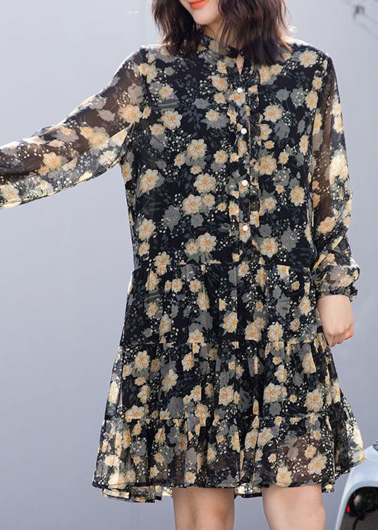Stylish Black Ruffled Button Print Patchwork Chiffon Dresses Spring