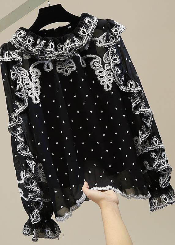 Stylish Black Ruffled Embroideried Patchwork Chiffon Top Spring