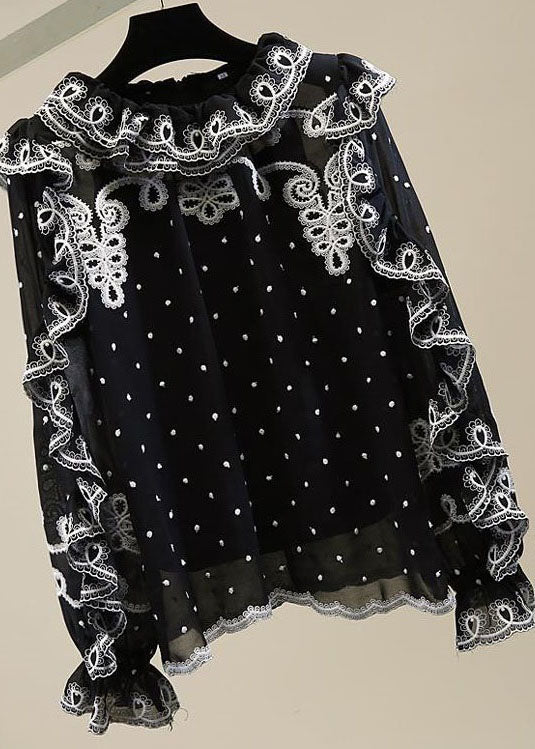 Stylish Black Ruffled Embroideried Patchwork Chiffon Top Spring