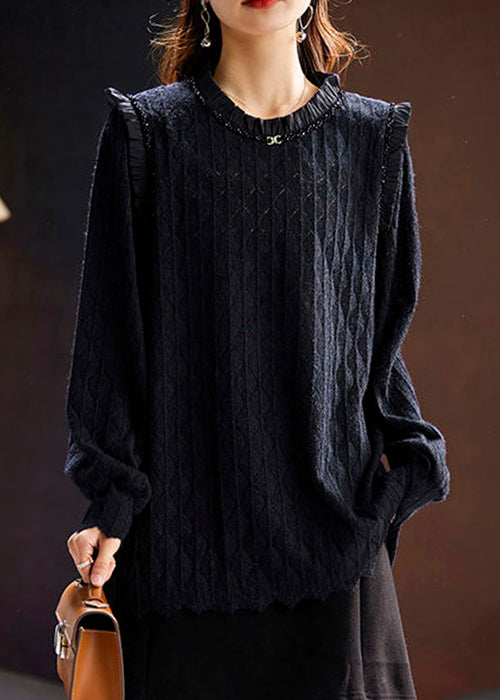 Stylish Black Ruffled Nail Bead Lace Shirt Spring