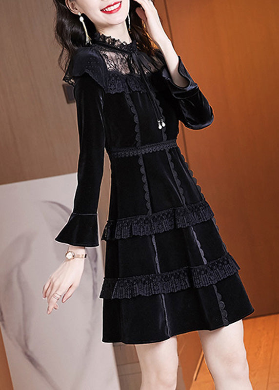 Stylish Black Ruffled Neck Tie Lace Patchwork Silk Velour Mid Dress Long Sleeve