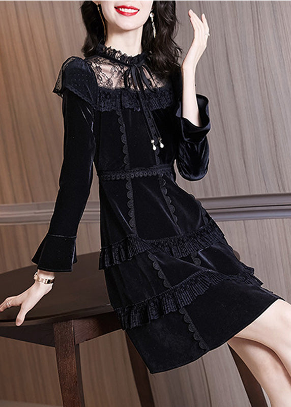 Stylish Black Ruffled Neck Tie Lace Patchwork Silk Velour Mid Dress Long Sleeve