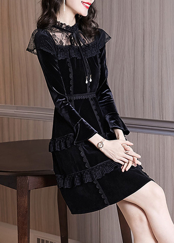 Stylish Black Ruffled Neck Tie Lace Patchwork Silk Velour Mid Dress Long Sleeve