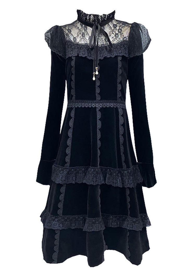 Stylish Black Ruffled Neck Tie Lace Patchwork Silk Velour Mid Dress Long Sleeve