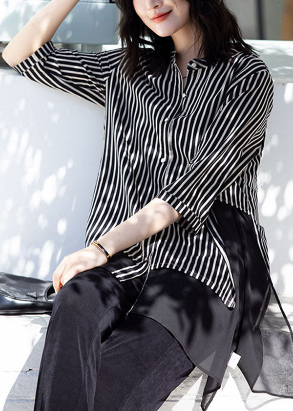 Stylish Black Striped Stand Collar Patchwork Chiffon Shirt Top Summer