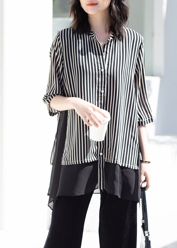 Stylish Black Striped Stand Collar Patchwork Chiffon Shirt Top Summer