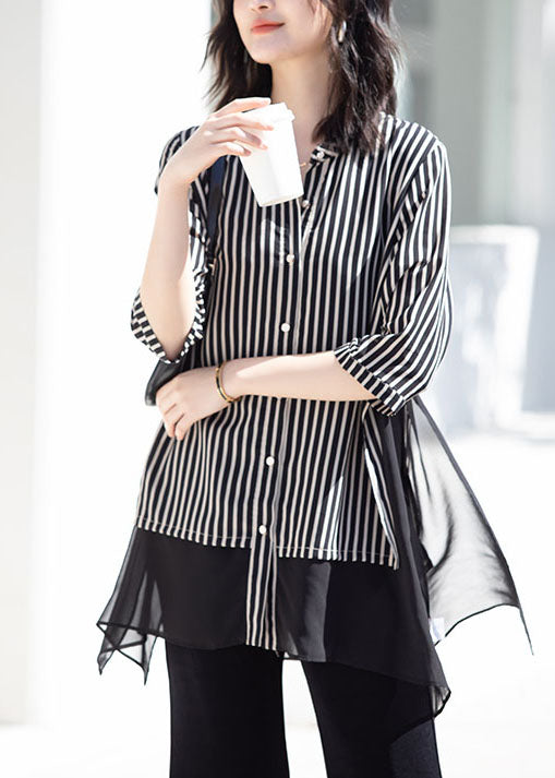 Stylish Black Striped Stand Collar Patchwork Chiffon Shirt Top Summer
