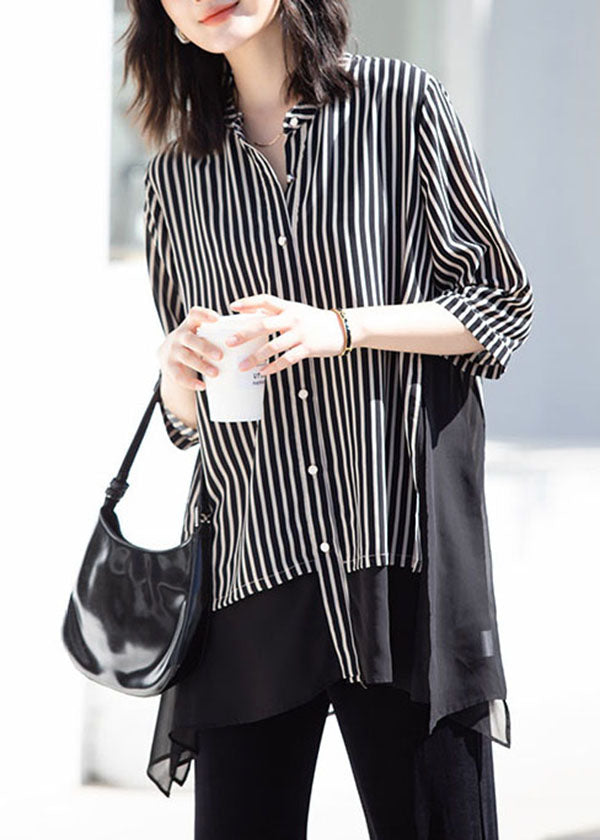 Stylish Black Striped Stand Collar Patchwork Chiffon Shirt Top Summer