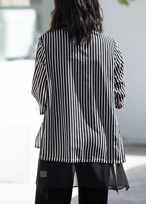 Stylish Black Striped Stand Collar Patchwork Chiffon Shirt Top Summer