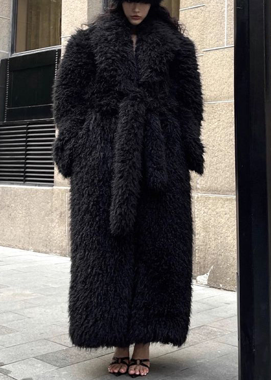 Stylish Black Tie Waist Patchwork Fuzzy Fur Fluffy Coat Winter