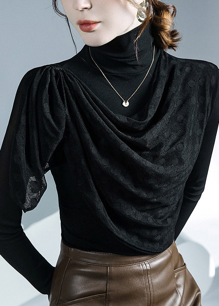 Stylish Black Turtleneck Asymmetrical Tulle Top Fall