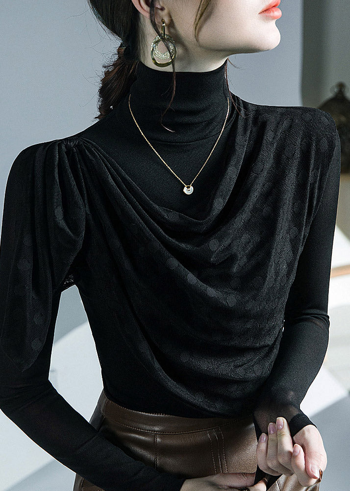 Stylish Black Turtleneck Asymmetrical Tulle Top Fall