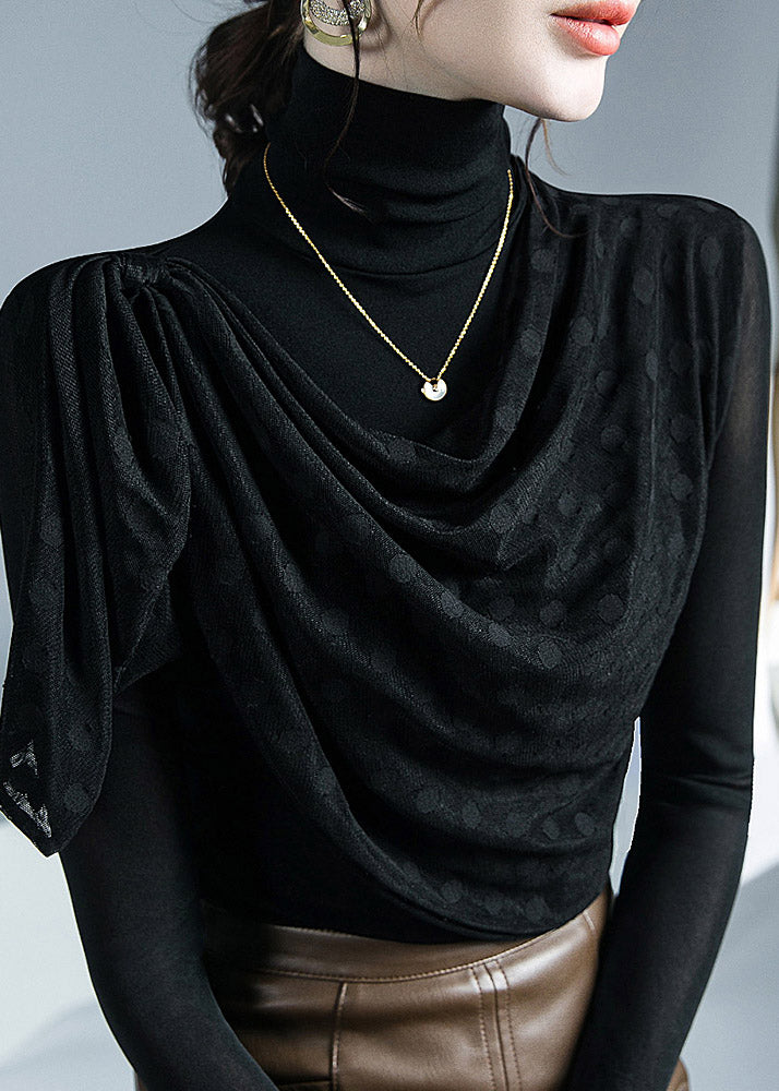 Stylish Black Turtleneck Asymmetrical Tulle Top Fall