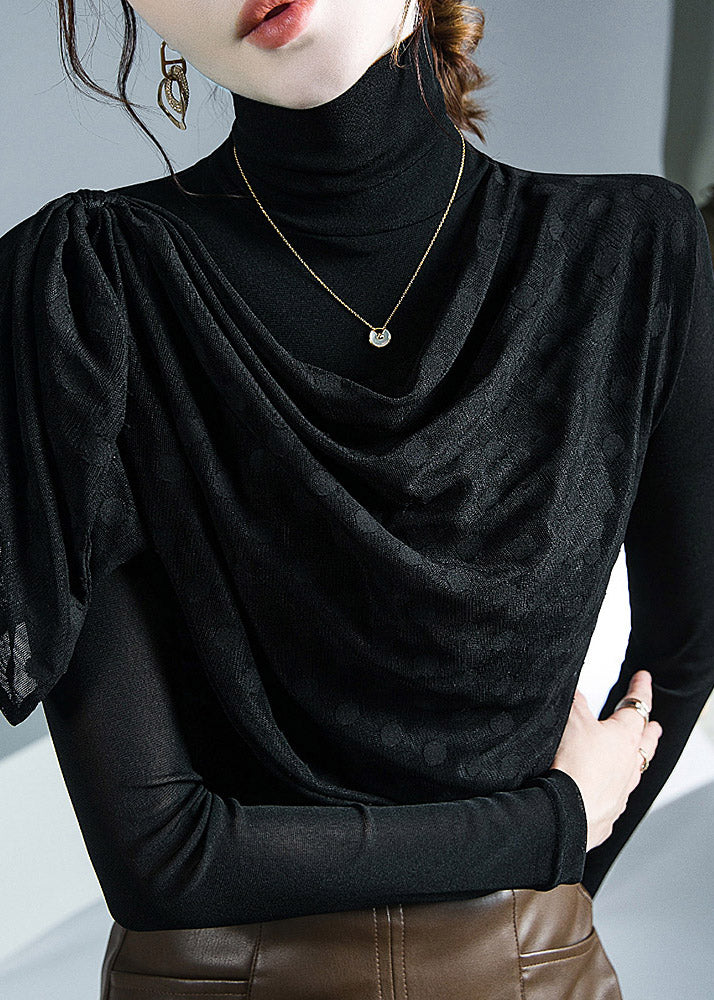 Stylish Black Turtleneck Asymmetrical Tulle Top Fall