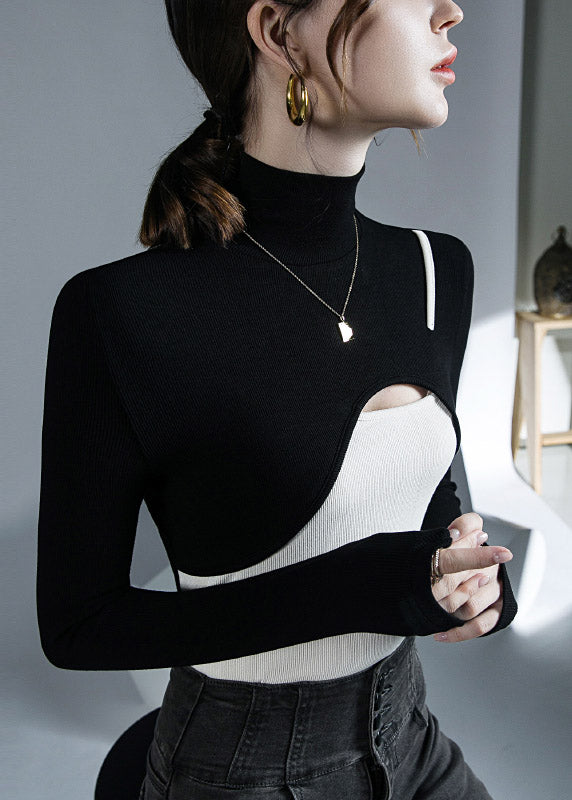 Stylish Black Turtleneck Patchwork Top Long Sleeve