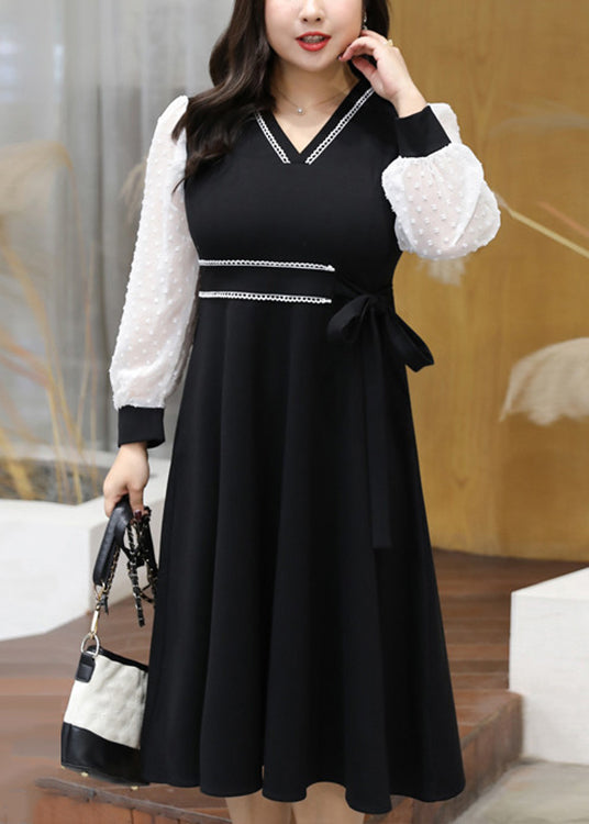 Stylish Black V Neck Lace Up Patchwork Cotton Long Dress Fall