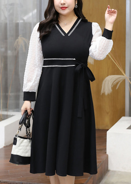 Stylish Black V Neck Lace Up Patchwork Cotton Long Dress Fall