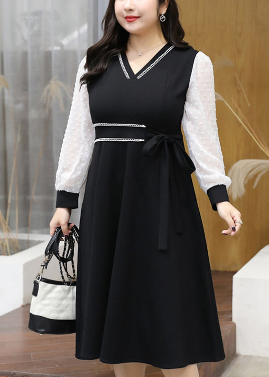 Stylish Black V Neck Lace Up Patchwork Cotton Long Dress Fall