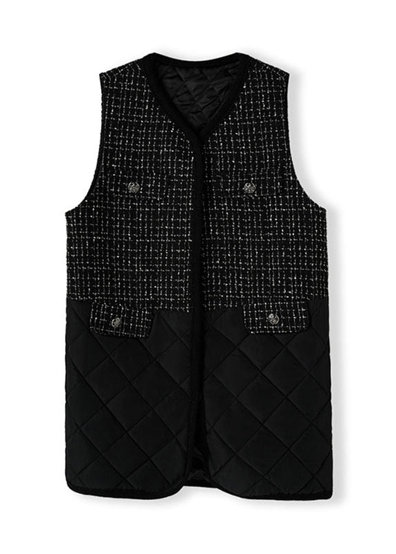 Stylish Black V Neck Patchwork Fleece Waistcoat Sleeveless